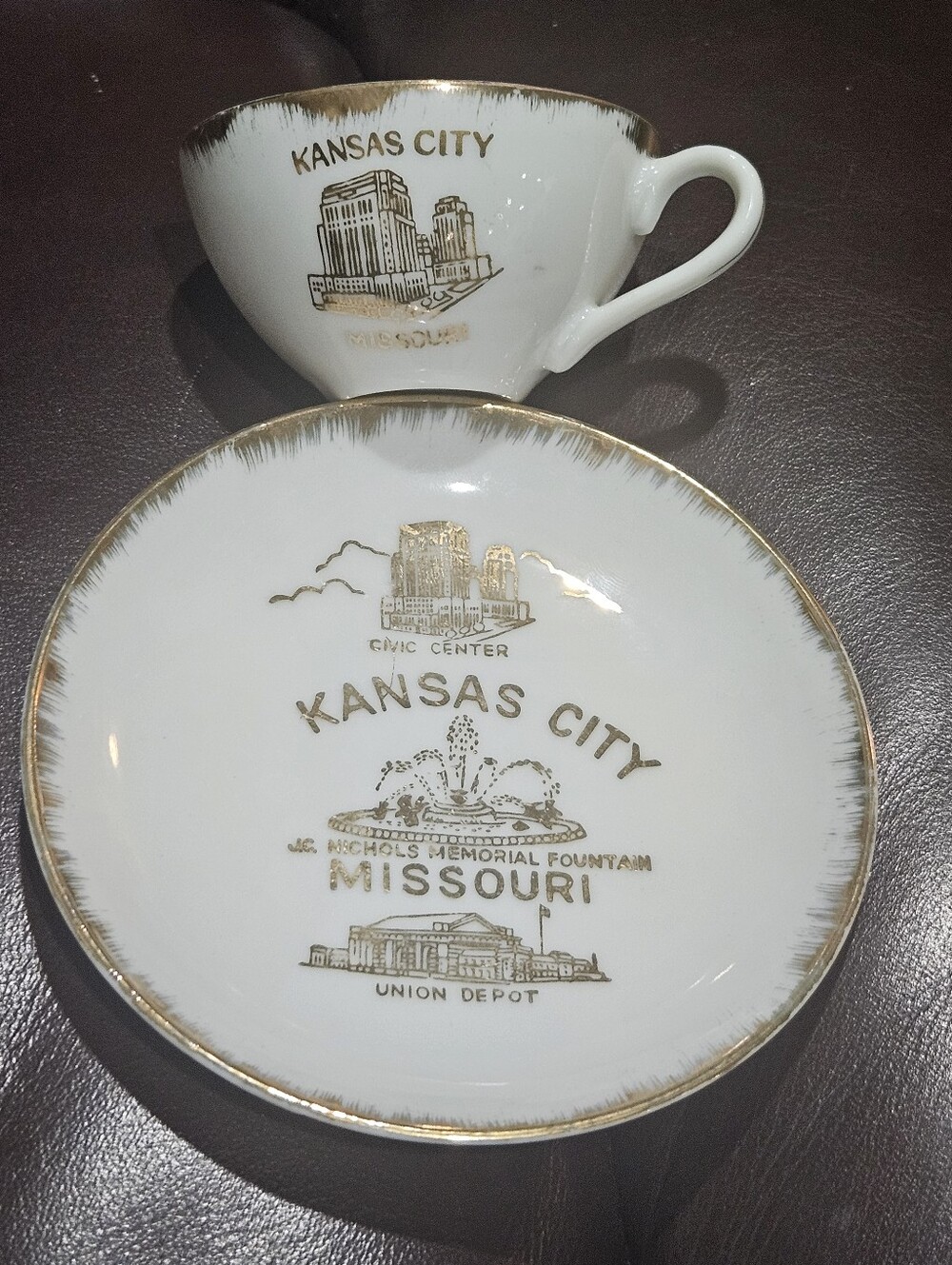 Kansas City Missouri White & Gold Porcelain Teacup and Saucer Set